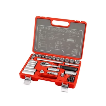 Dugókulcs klt., CV., racsnis 45fog ; 3/8", 39db, normál(8-22mm) és hosszú(8-19mm) dugófejek, gyertyakulcs 16&21mm, 11 bi