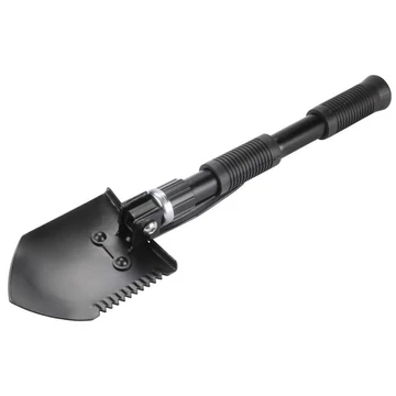 Túraásó, összecsukható; hossz:40cm, szélesség: 9,5cm, kapa-, csákány- és fűrész módon is használható, vászon tartóban