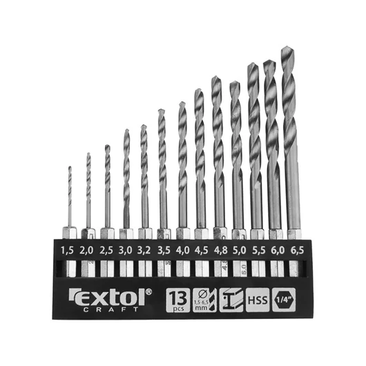 Fémcsigafúró klt., 13db, HSS; 1,5-6,5mm, 1/4" BIT befogás, polírozott, műanyag tartóban, bliszteren