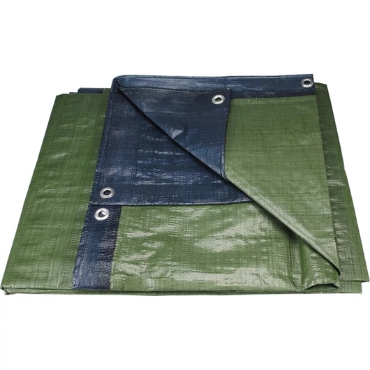 Takaróponyva, vízálló, de nem UV álló; 150g/nm, 10×15m névleges méret, valós méret: 9,8×14,8m, PE, lefűző lyukakkal