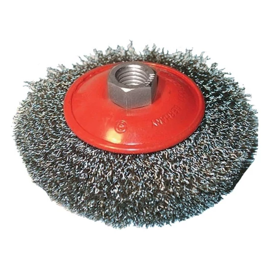 Drótcsiszoló körkefe, kúpos; hullámos szálú ; sarokcsiszolóhoz, M14×2 100mm, ford.: 12500