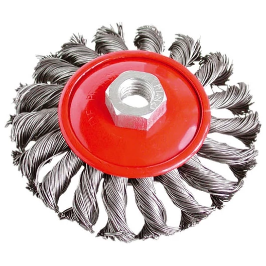 Drótcsiszoló körkefe (sarokcsiszolóra) ; M14, sodrott erős, 100mm, kúpos, max. 11000 ford/perc