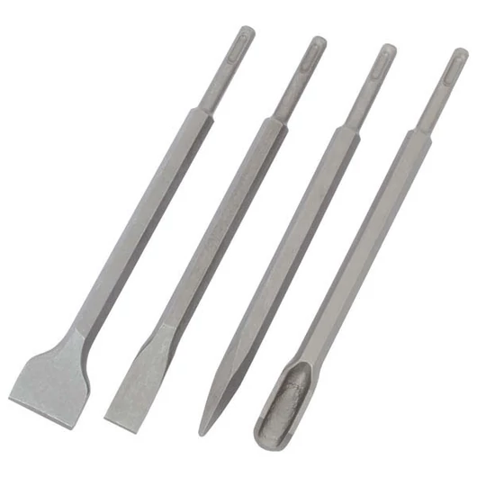 Betonvéső klt. 4db, SDS PLUS; 250mm hosszú, hegyes, lapos 25mm, lapos 45mm, horony