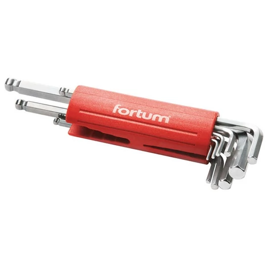Imbuszkulcs klt., hosszú, gömbfej, 9db, 1,5-10mm, S2; 1,5-2-2,5-3-4-5-6-8-10, műanyag markolat FORTUM