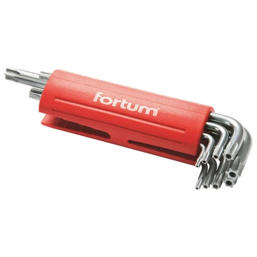 Lyukas torx kulcs klt., hosszú, 9db, T10-50, S2, 10db/cse; T10-T15-T20-T25-T27-T30-T40-T45-T50, műanyag  markolat FORTUM