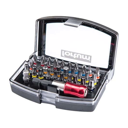 Bit klt., 32db ; 1/4"×25mm bit, S2 acél (lapos,PH,PZ,Imbusz,Torx, lyukasTorx), 1db mágneses bittartó, 1 db adapter