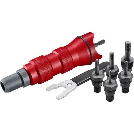 Adapter  klt. fúrógéphez, POP-NUT szegecsanyákhoz, 6 db, M3-M4-M5-M6-M8; 1/4" hatszög befogás,  FORTUM