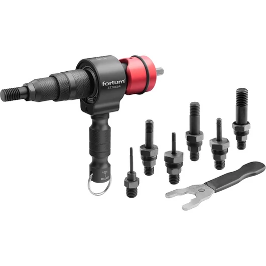 Adapter  klt. fúrógéphez, POP-NUT szegecsanyákhoz, 6 db, M3-M4-M5-M6-M8-M10-M12; 8 mm (5/16") hatszög befogás, FORTUM
