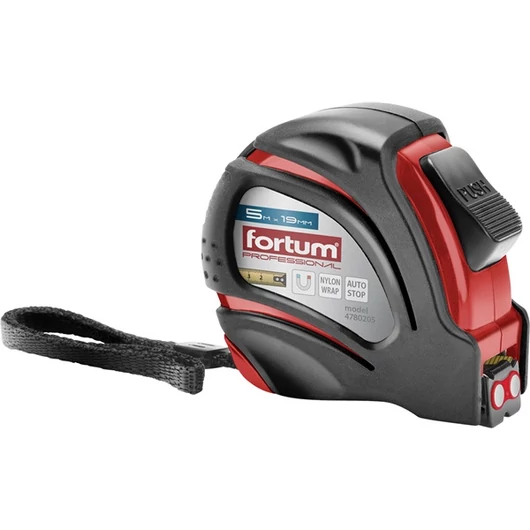Mérőszalag, 1 stoppos, ABS műanyag ház, gumírozott; 5m×19mm nylon bevonatú szalag, mágneses vég FORTUM