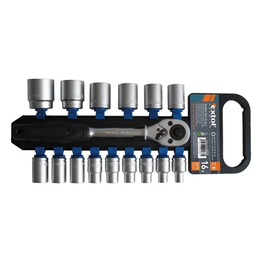 Dugókulcs klt., 16db; 1/2", 8-30mm, CV., 45 fogú racsni, műa. tartón