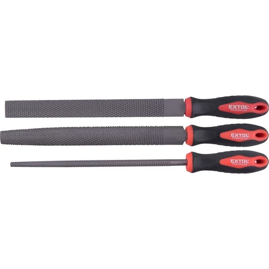 Ráspoly klt. 3 db (lapos, félkerek, kerek) 250mm,C45 acél, vágat 2, finom, TPR gumis műanyag nyél