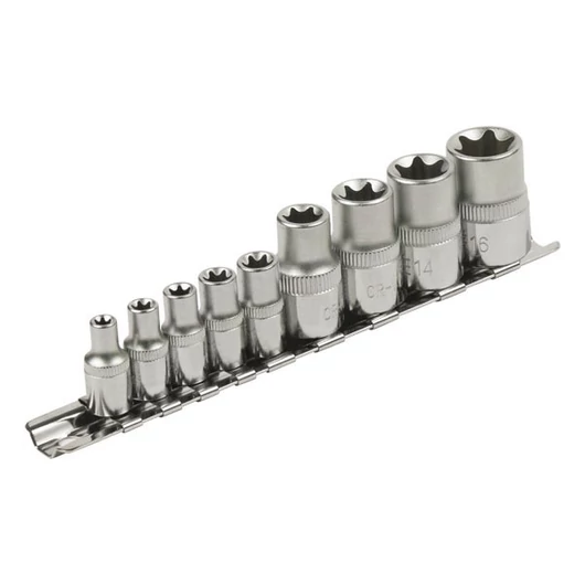 Dugófej klt., E-TORX; 1/4"×5db (E5-E6-E7-E8-E10), 1/2"×4db, (E12-E14-E16-E18), tartó sínen