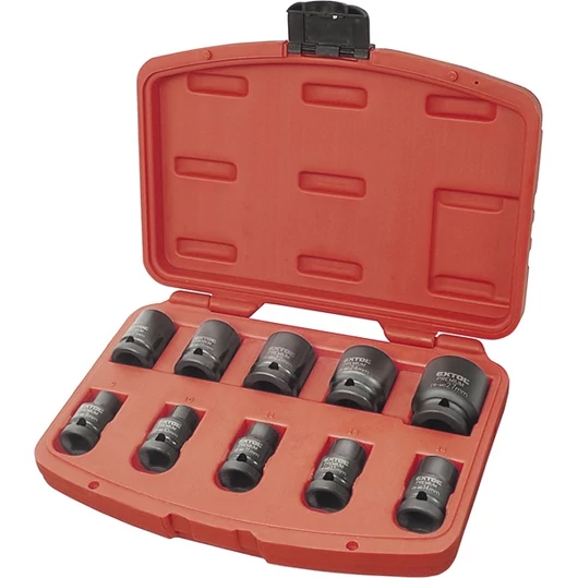 Gépi (impakt) dugófej klt. 1/2", 10db, 9-27mm × 37 mm ; feketített, műanyag tartóban