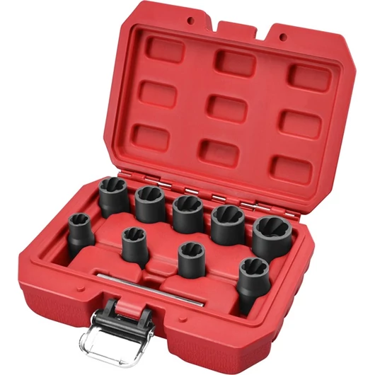 Csavarkiszedő klt. TWIST; 3/8" befogás, 9db fej: 10, 11, 12, 13, 14, 15, 16, 17, 19mm, 1 db kiütőrúd, CrMo, műanyag kof.