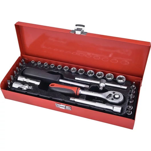 Dugókulcs klt., CV., racsnis 45fog ; 1/4" 30db, normál (4-14mm) dugófejek, bitdugófej (-, +, imbusz, torx), fém doboz