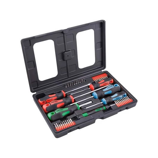 Csavarhúzó és BIT klt., 47 db; lapos: 5,5×38, 5,5×100, 6,5×125mm és 8×150mm, PH1×75, PH2×38 és PH2×125, CV., műanyag tar