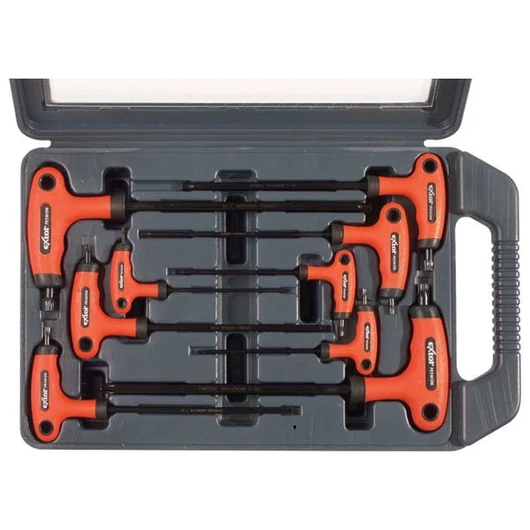 Torx kulcs klt., 9db ; CV., gumírozott T-nyelű, T10×100, T15×100, T20×100, T25×150, T27×150, T30×150, T40×150, T45×200,
