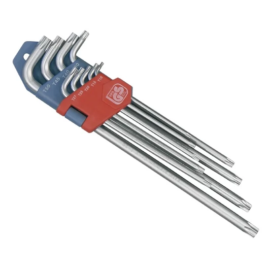 Torx kulcs klt. 9db, extra hosszú; T10-T50, hosszú szár: tömör, rövid szár: lyukas, CV., 90-225mm