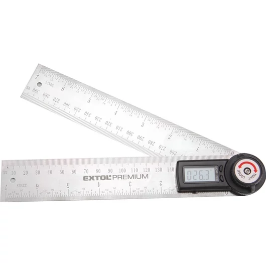 Digitális szögmérő-vonalzó, szög- és hosszmérésre, 0-360°, pontosság: ±0,3°, 2×200 mm, Alu szár mm és coll beosztással