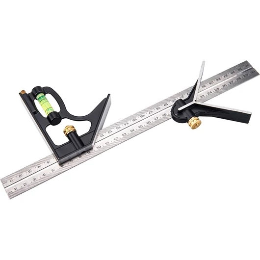 Asztalos kombinált derékszög/vízmérték/vonalzó, többfunkciós, 300 mm, ALU/Inox, mm beosztás, 0°-45°-90° beosztás
