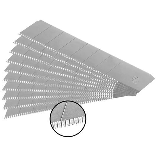 Pótpenge tapétavágó késhez, 10 db, 18×100×0,5 mm, törhető, SK5 acél, HRC >64, fogazott vágóél