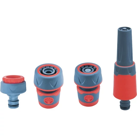 Locsoló alap szett, 1/2" tömlőhöz; 4 db (1db szórófej, 2 db gyorscsatlakozó, 1 db kuplung csatlakozó 1/2"-3/4")